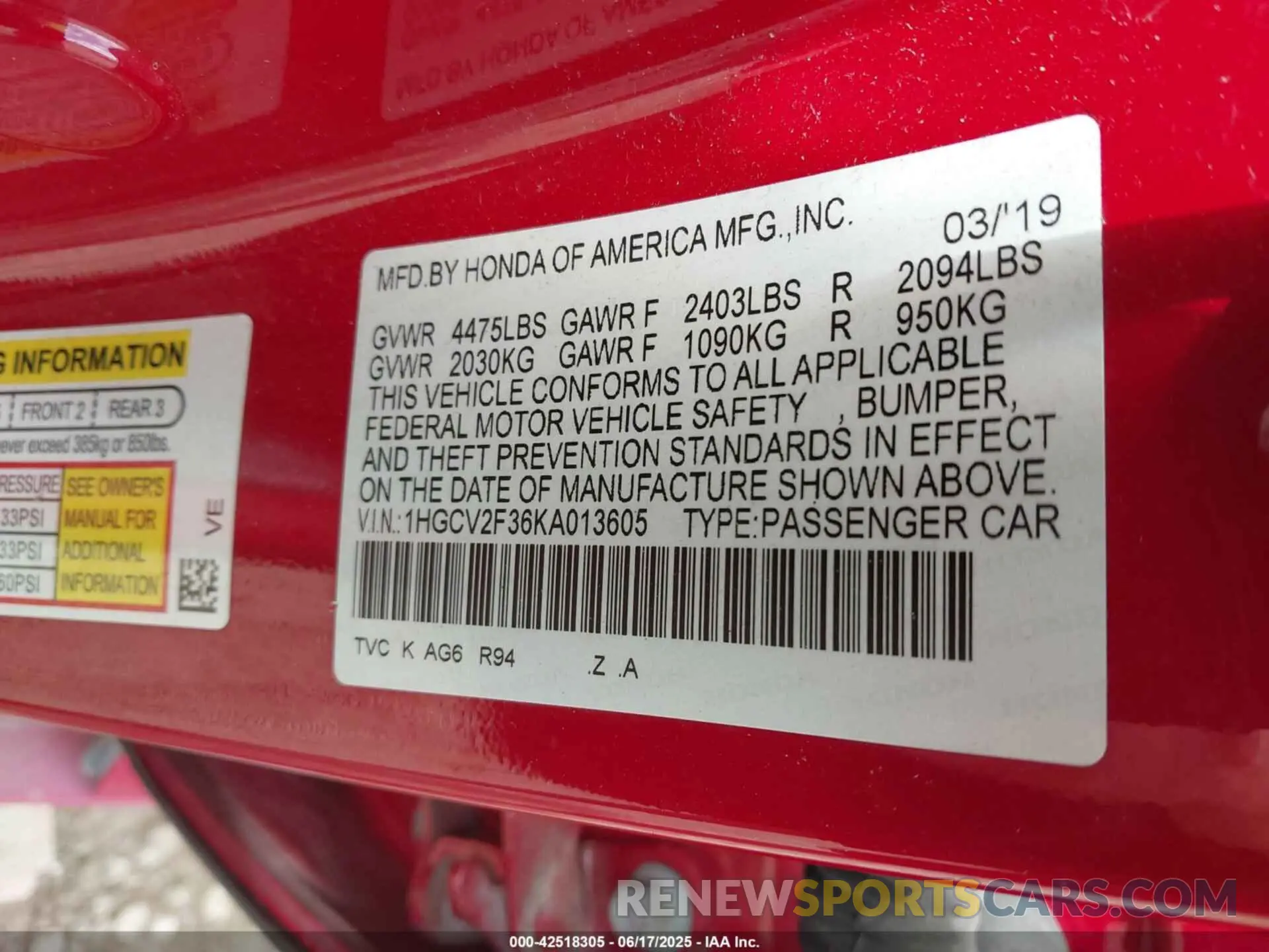9 Photograph of a damaged car 1HGCV2F36KA013605 HONDA ACCORD 2019
