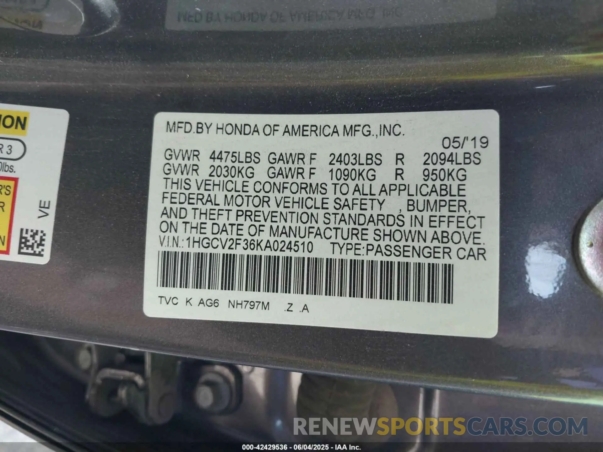 9 Photograph of a damaged car 1HGCV2F36KA024510 HONDA ACCORD 2019