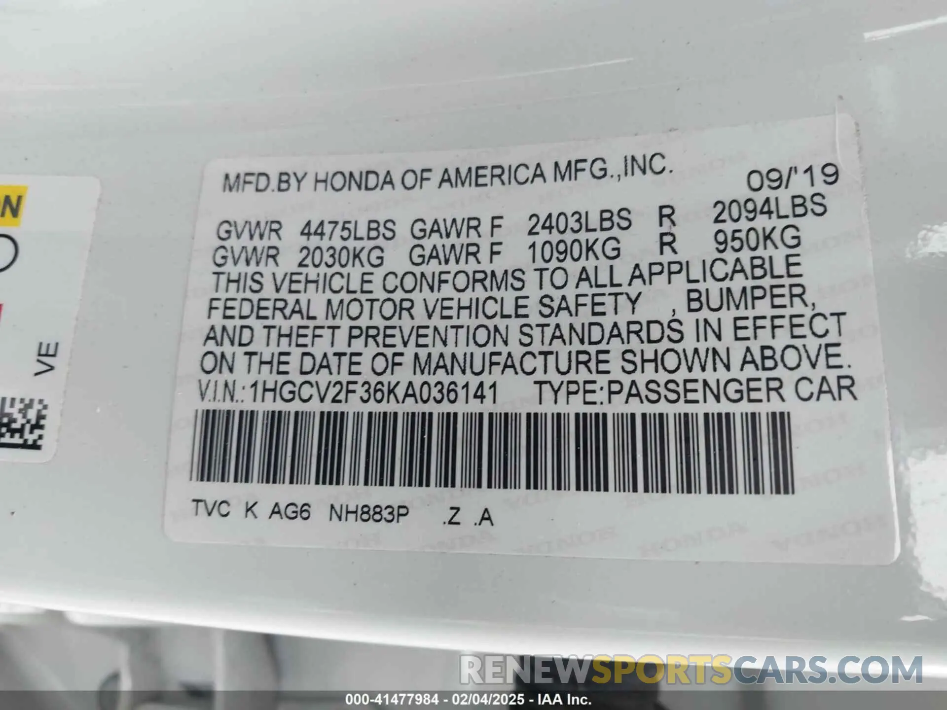 9 Photograph of a damaged car 1HGCV2F36KA036141 HONDA ACCORD 2019