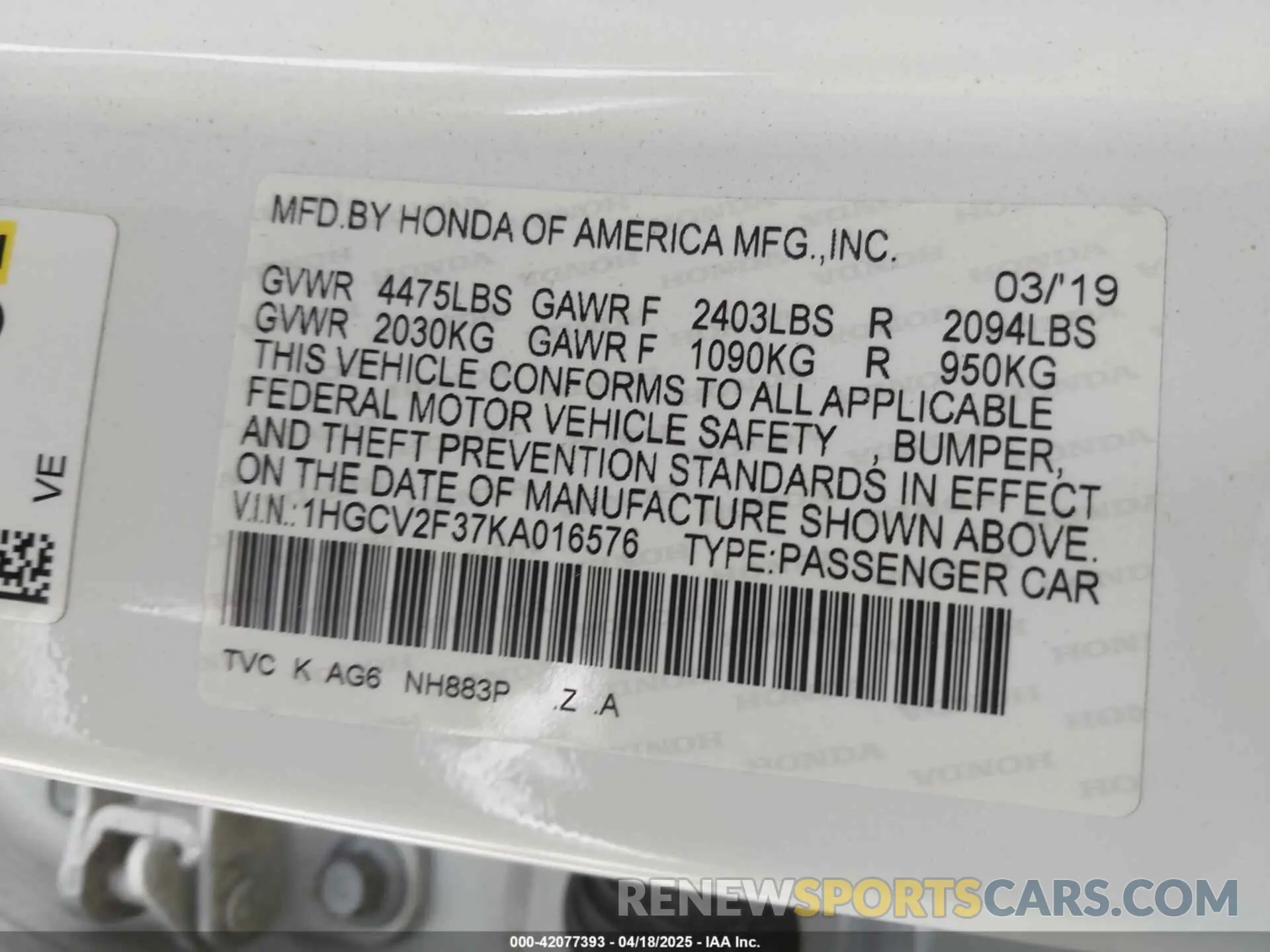 9 Photograph of a damaged car 1HGCV2F37KA016576 HONDA ACCORD 2019