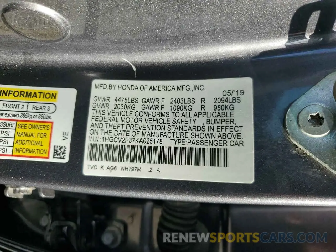 13 Photograph of a damaged car 1HGCV2F37KA025178 HONDA ACCORD 2019