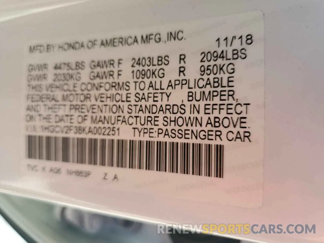 13 Photograph of a damaged car 1HGCV2F38KA002251 HONDA ACCORD 2019