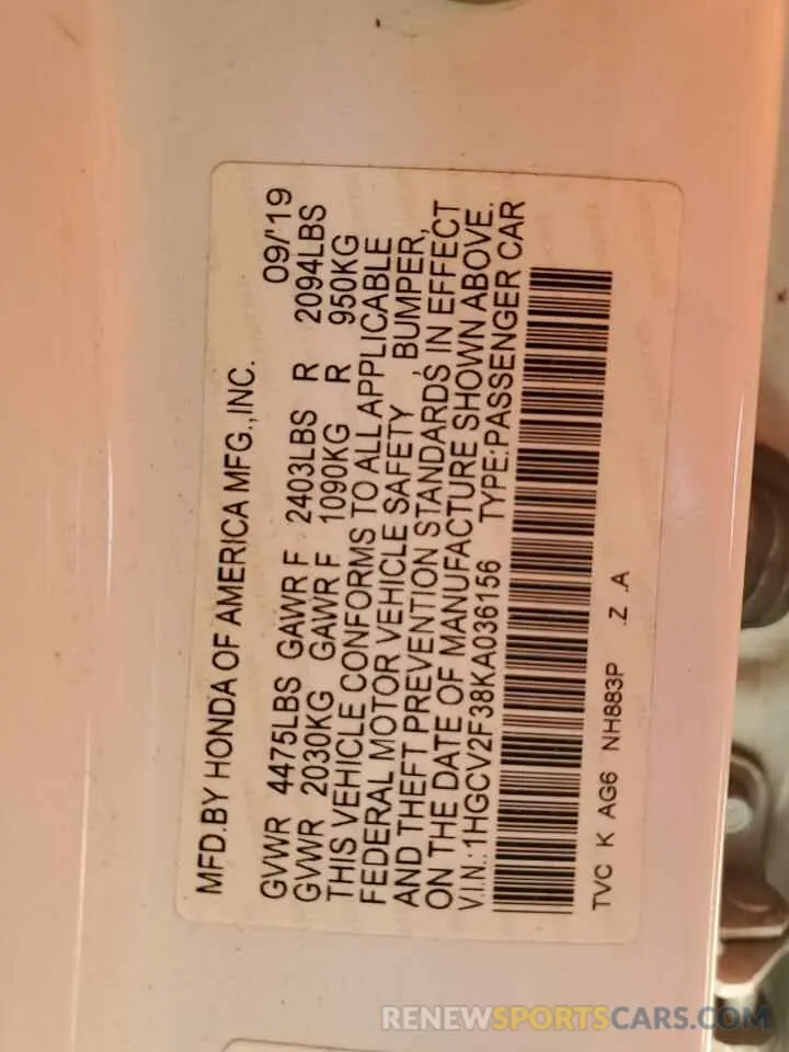 14 Photograph of a damaged car 1HGCV2F38KA036156 HONDA ACCORD 2019