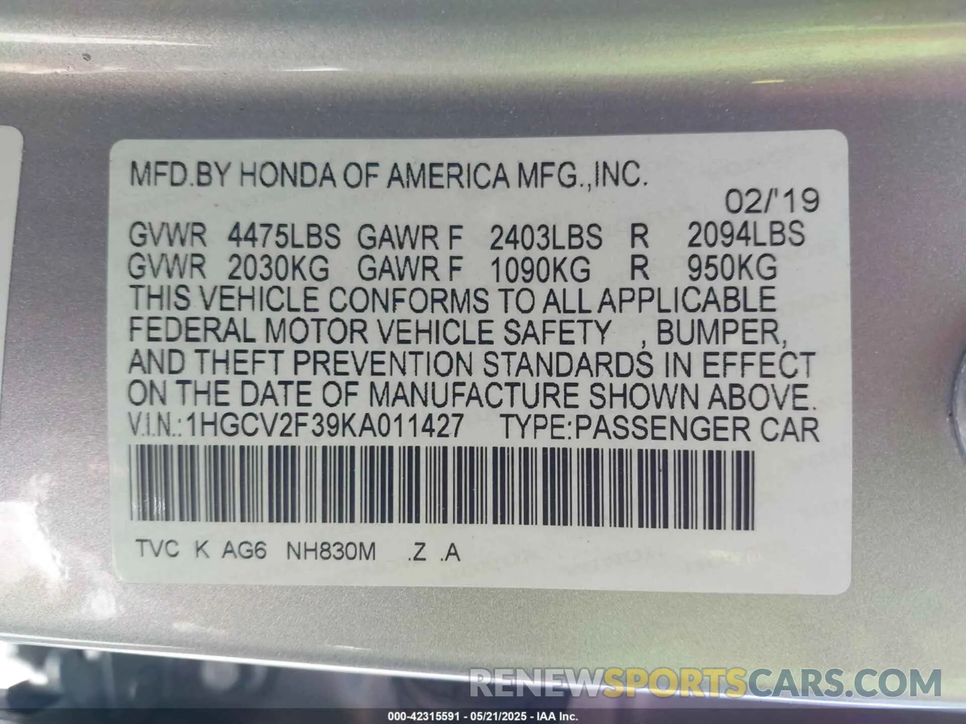 9 Photograph of a damaged car 1HGCV2F39KA011427 HONDA ACCORD 2019