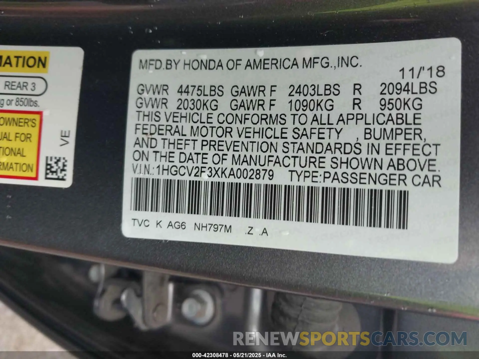 9 Photograph of a damaged car 1HGCV2F3XKA002879 HONDA ACCORD 2019