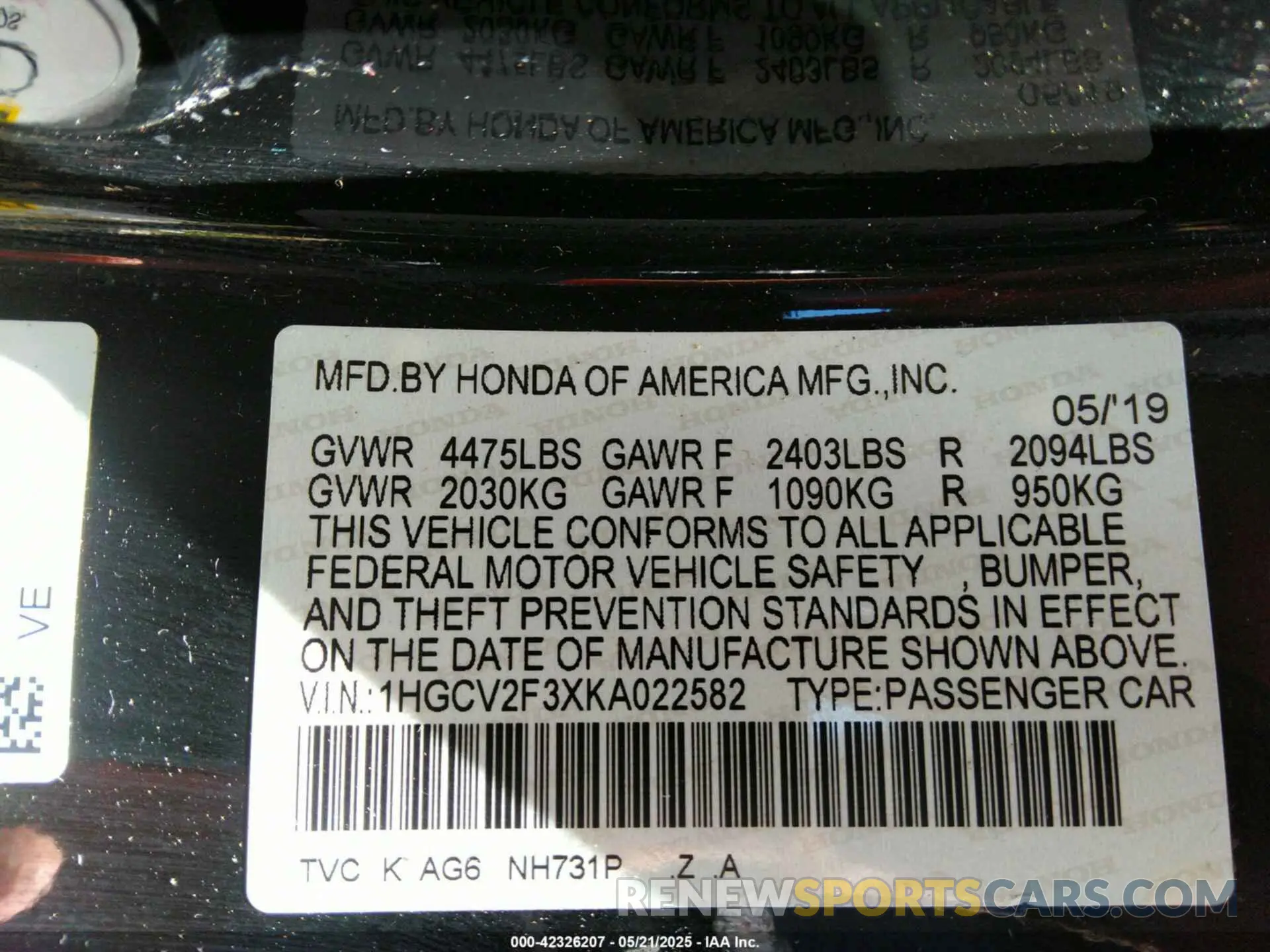 9 Photograph of a damaged car 1HGCV2F3XKA022582 HONDA ACCORD 2019
