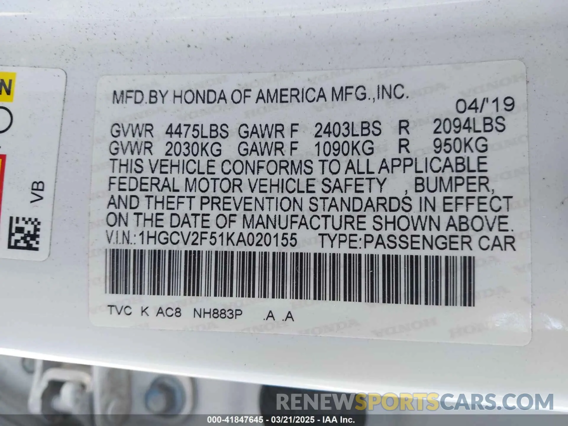 9 Photograph of a damaged car 1HGCV2F51KA020155 HONDA ACCORD 2019