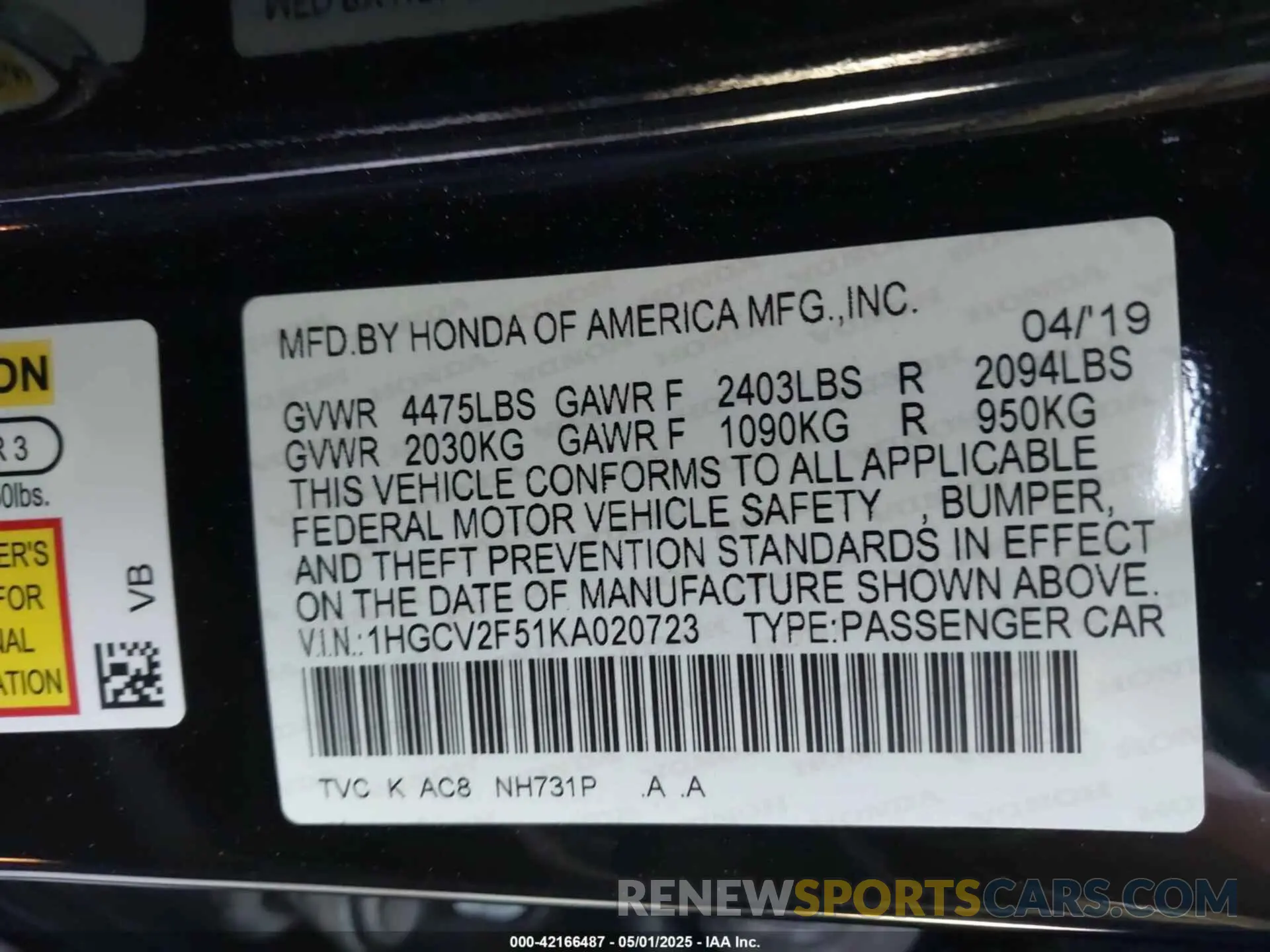 9 Photograph of a damaged car 1HGCV2F51KA020723 HONDA ACCORD 2019