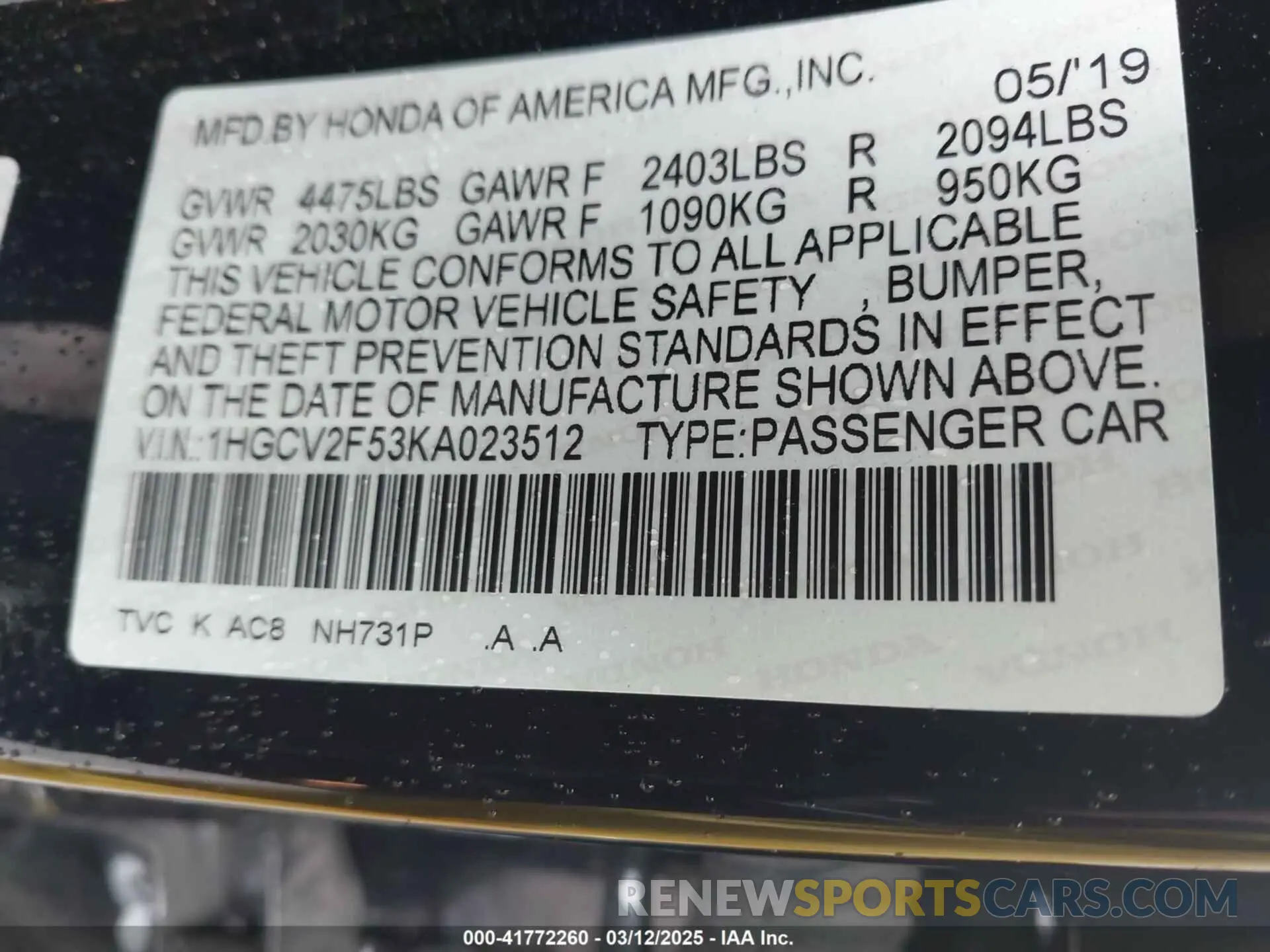 9 Photograph of a damaged car 1HGCV2F53KA023512 HONDA ACCORD 2019