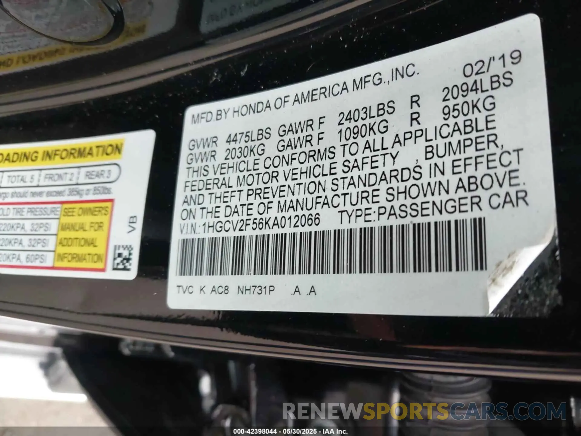 9 Photograph of a damaged car 1HGCV2F56KA012066 HONDA ACCORD 2019