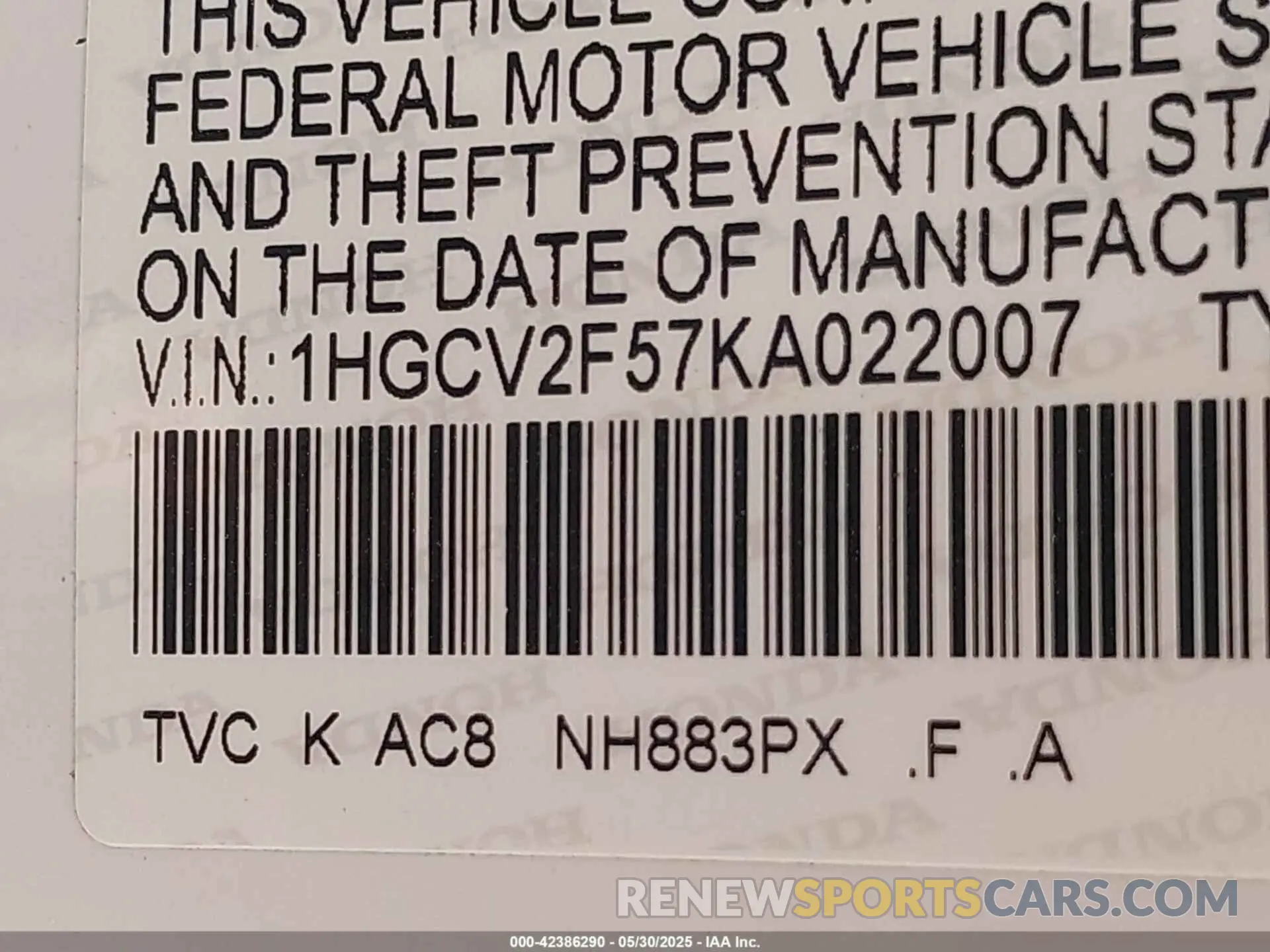9 Photograph of a damaged car 1HGCV2F57KA022007 HONDA ACCORD 2019