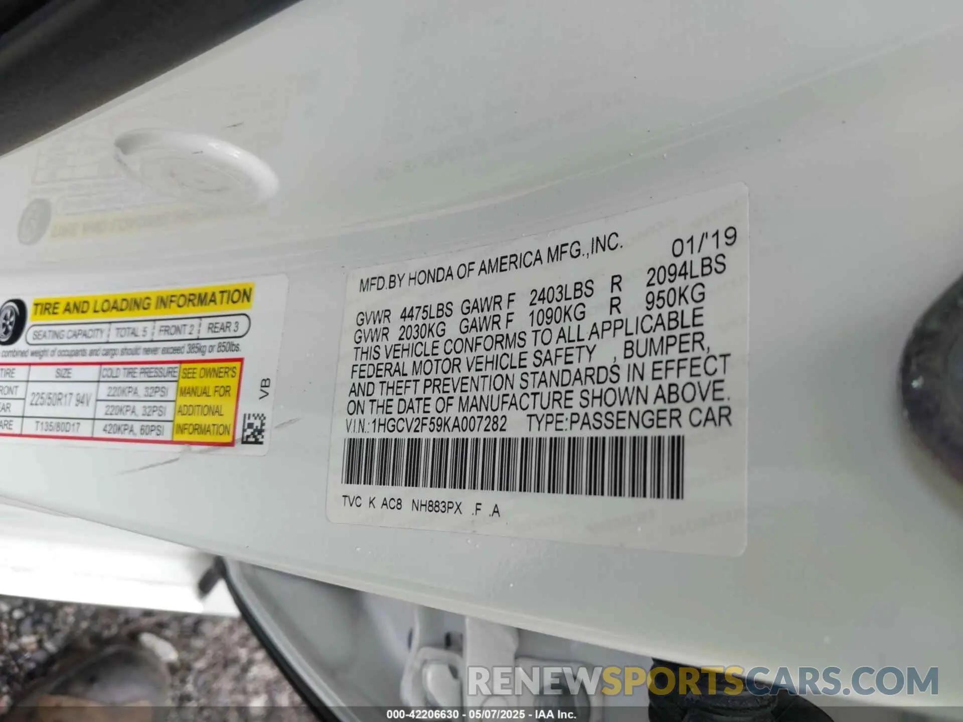 9 Photograph of a damaged car 1HGCV2F59KA007282 HONDA ACCORD 2019