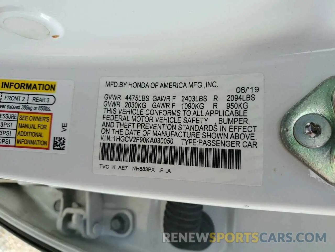 13 Photograph of a damaged car 1HGCV2F90KA030050 HONDA ACCORD 2019