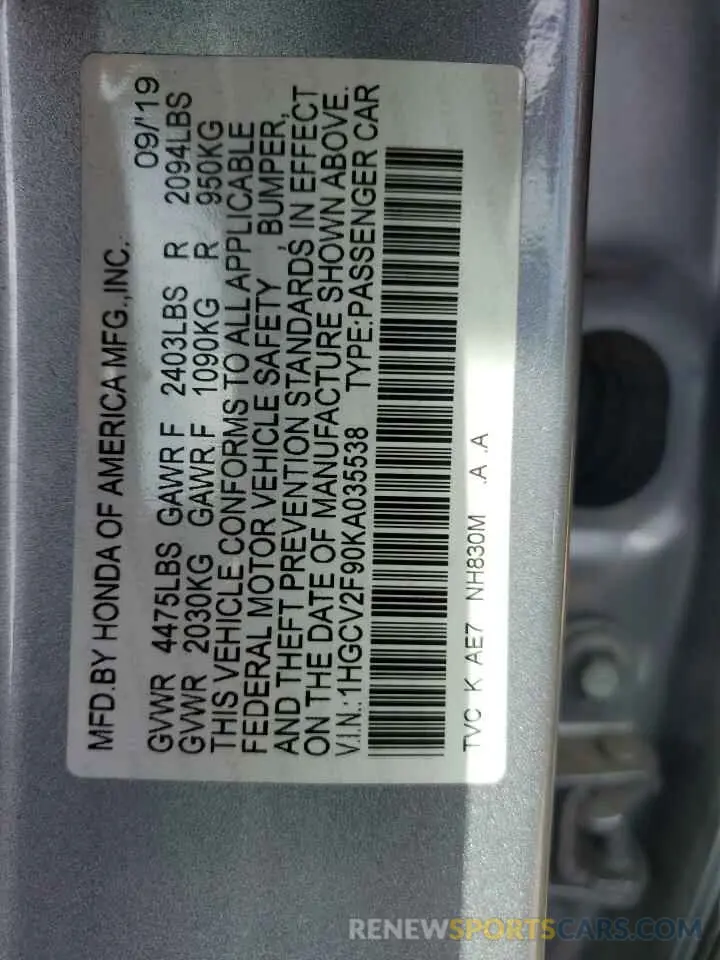 13 Photograph of a damaged car 1HGCV2F90KA035538 HONDA ACCORD 2019