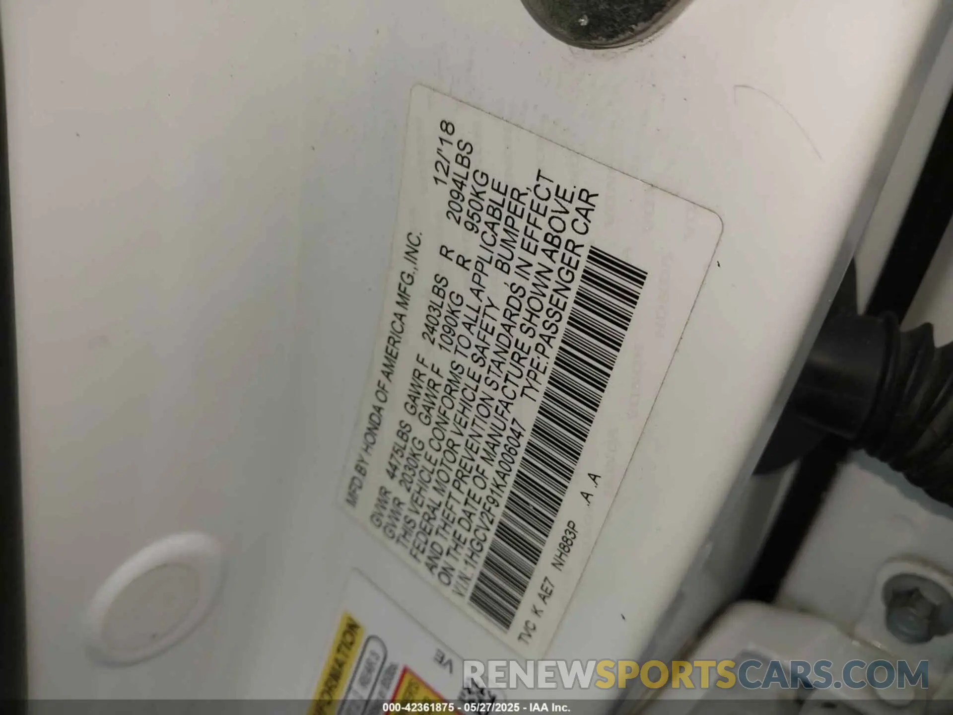 9 Photograph of a damaged car 1HGCV2F91KA006047 HONDA ACCORD 2019