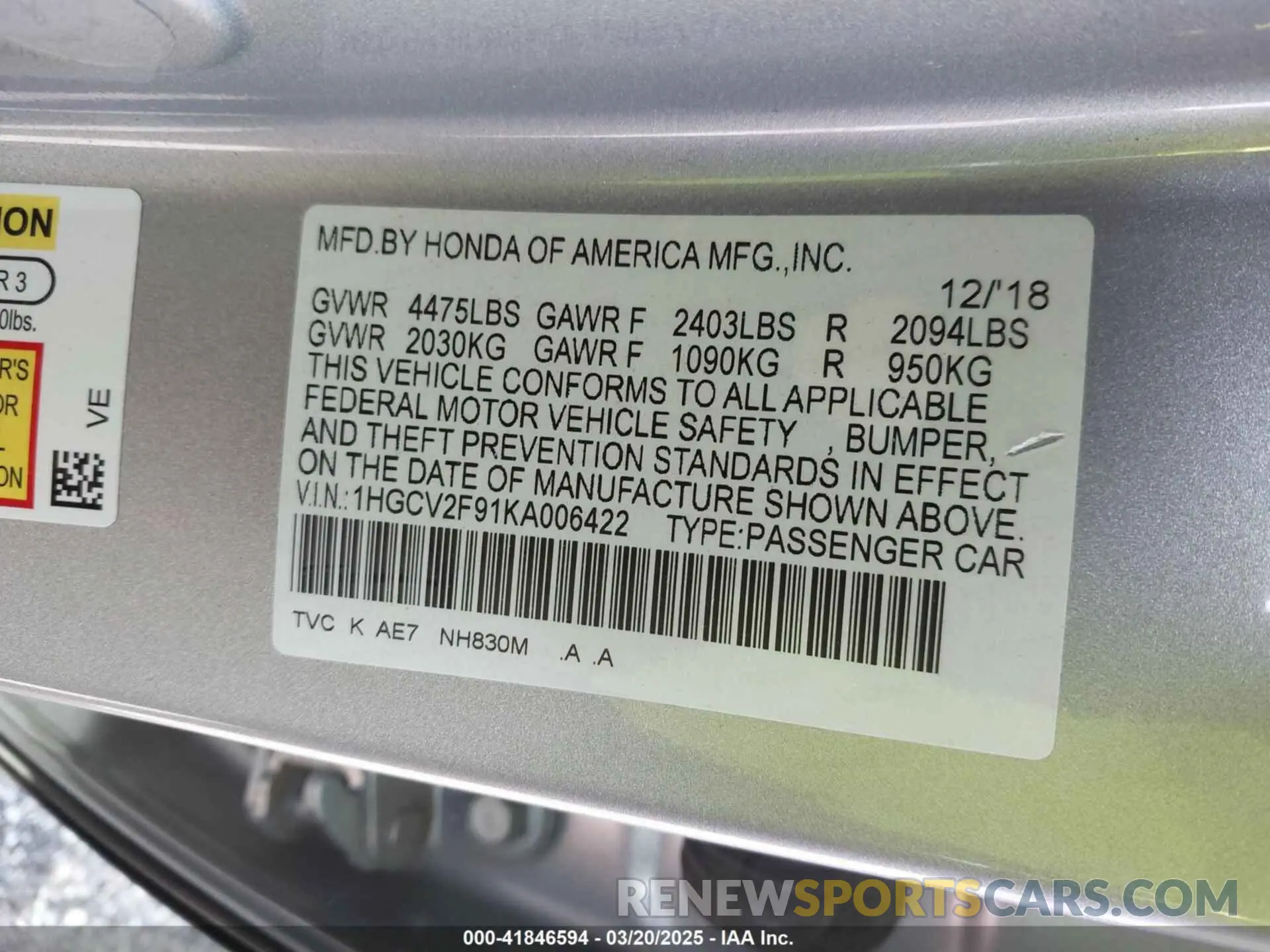9 Photograph of a damaged car 1HGCV2F91KA006422 HONDA ACCORD 2019