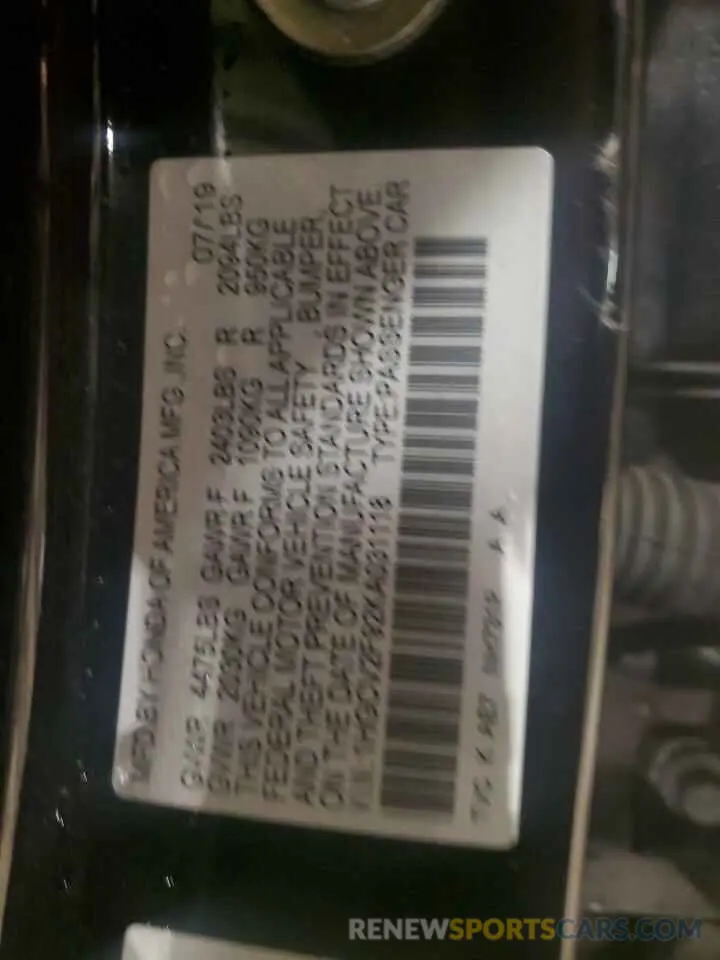 12 Photograph of a damaged car 1HGCV2F92KA031118 HONDA ACCORD 2019