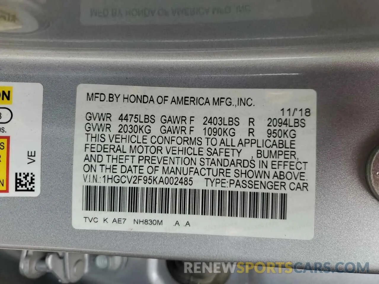 12 Photograph of a damaged car 1HGCV2F95KA002485 HONDA ACCORD 2019