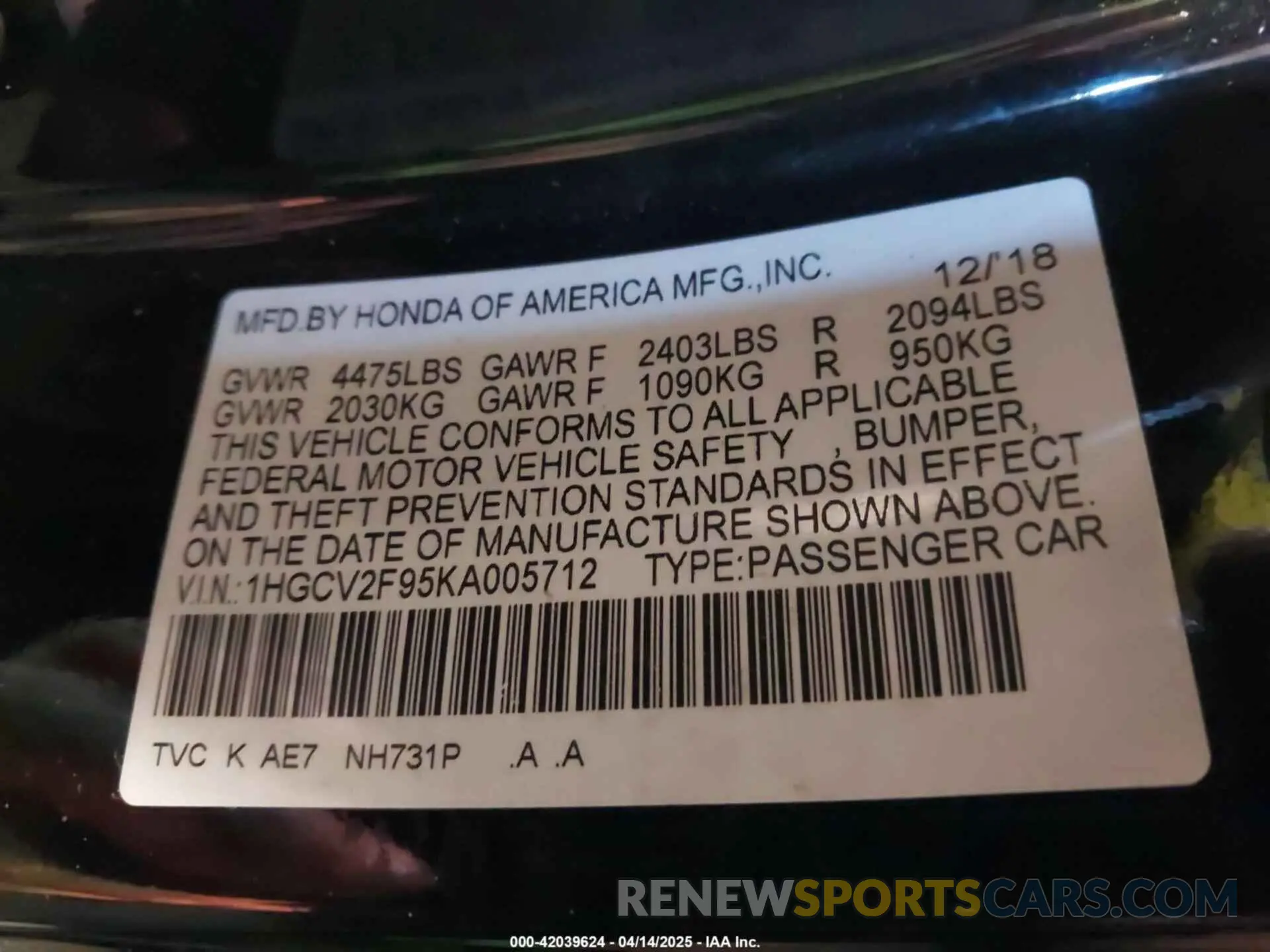 9 Photograph of a damaged car 1HGCV2F95KA005712 HONDA ACCORD 2019