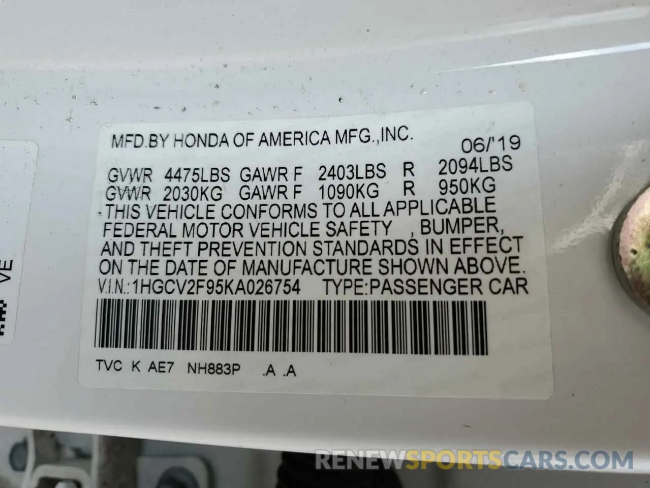 12 Photograph of a damaged car 1HGCV2F95KA026754 HONDA ACCORD 2019