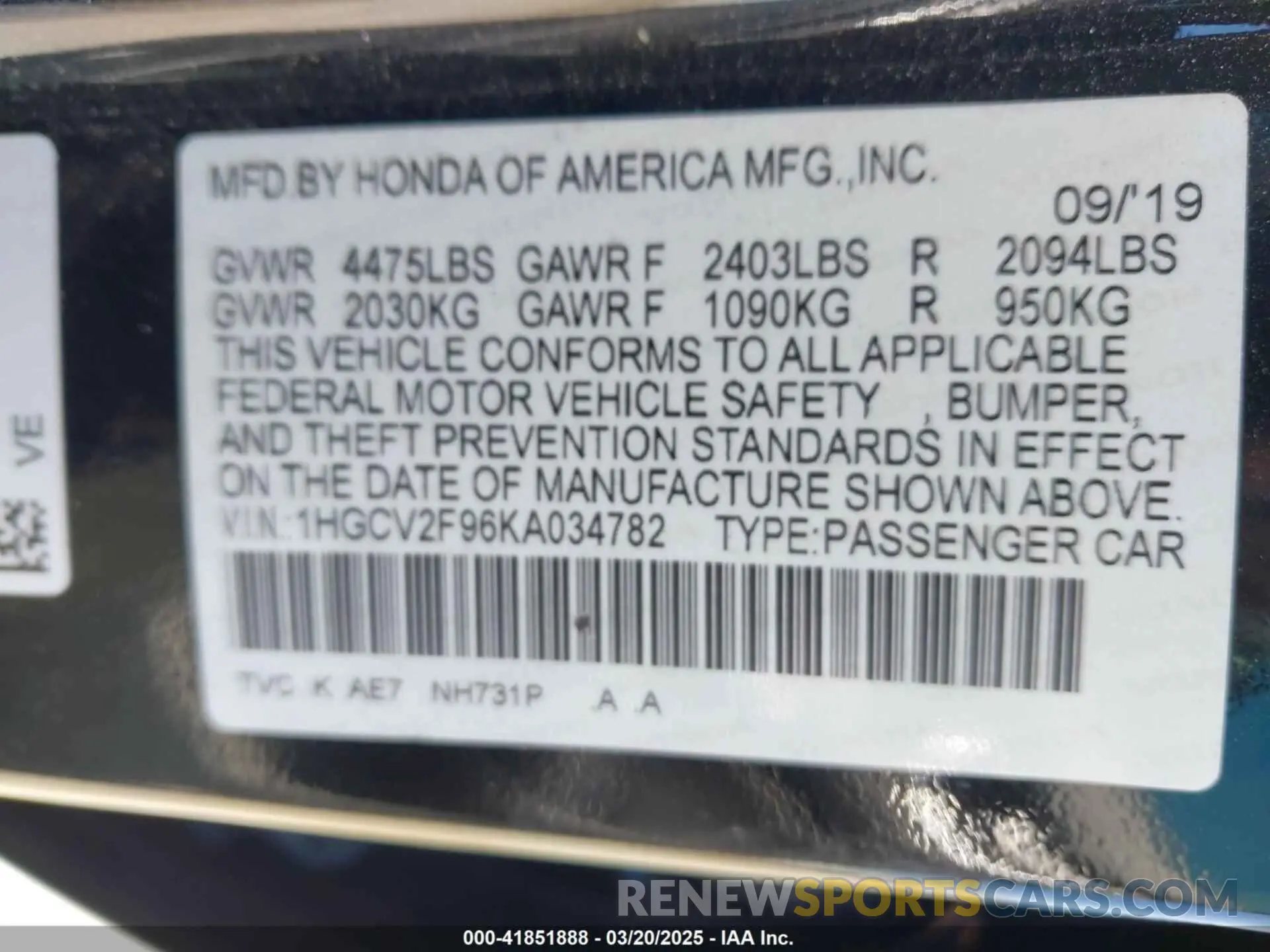 9 Photograph of a damaged car 1HGCV2F96KA034782 HONDA ACCORD 2019