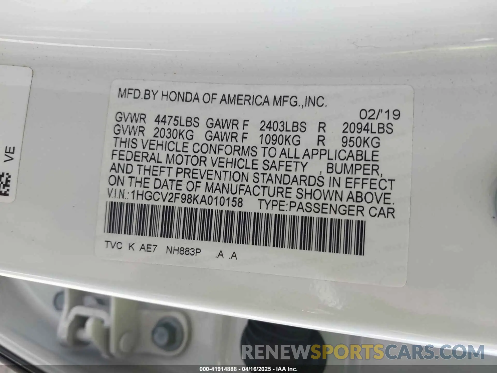 9 Photograph of a damaged car 1HGCV2F98KA010158 HONDA ACCORD 2019