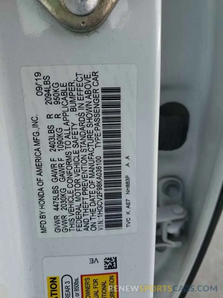 14 Photograph of a damaged car 1HGCV2F98KA036100 HONDA ACCORD 2019