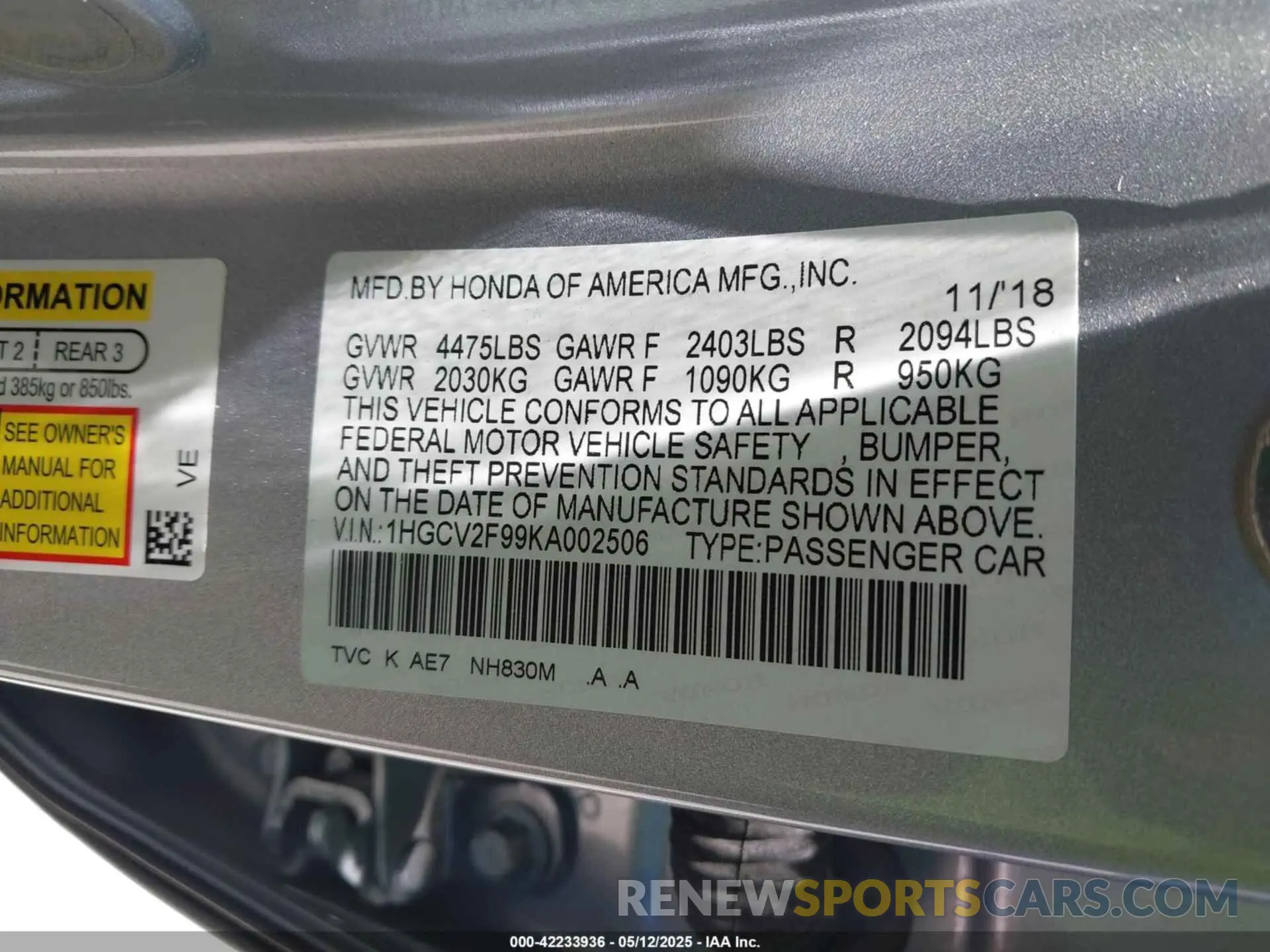 9 Photograph of a damaged car 1HGCV2F99KA002506 HONDA ACCORD 2019
