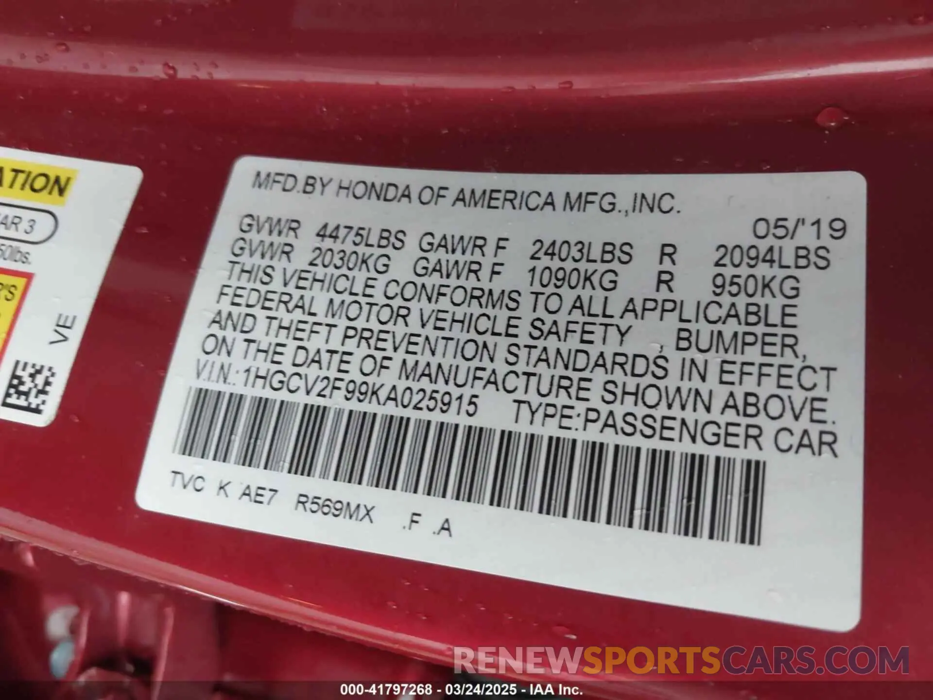 9 Photograph of a damaged car 1HGCV2F99KA025915 HONDA ACCORD 2019