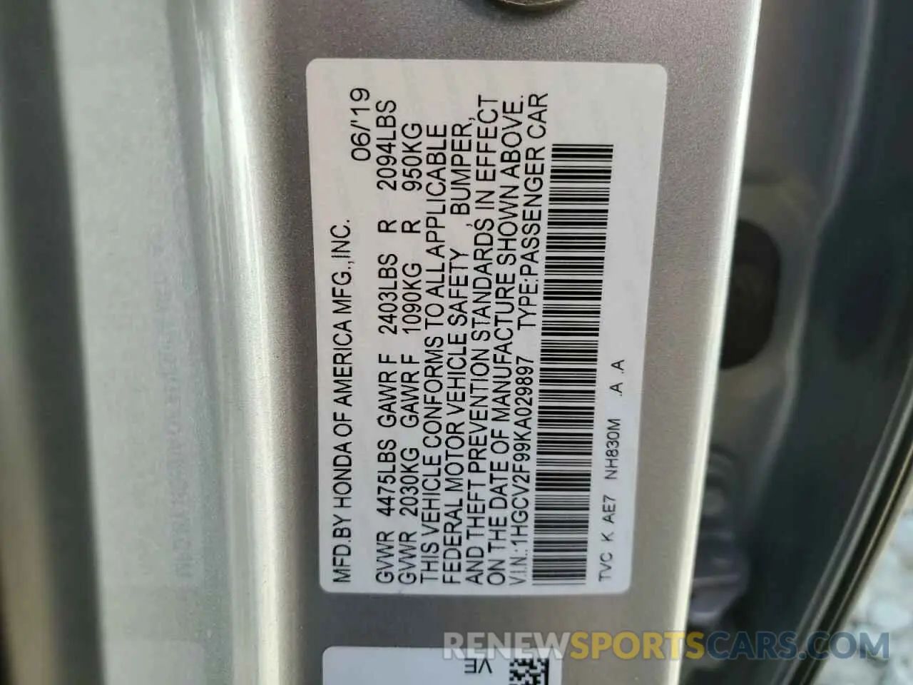 12 Photograph of a damaged car 1HGCV2F99KA029897 HONDA ACCORD 2019