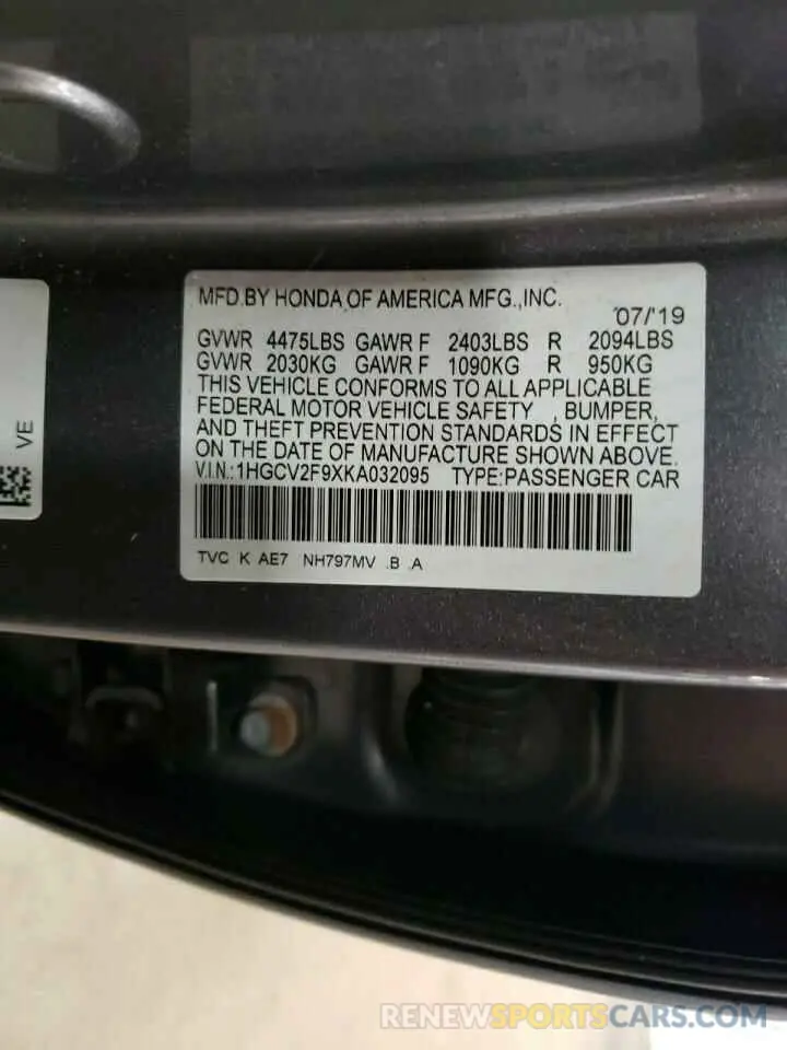 12 Photograph of a damaged car 1HGCV2F9XKA032095 HONDA ACCORD 2019