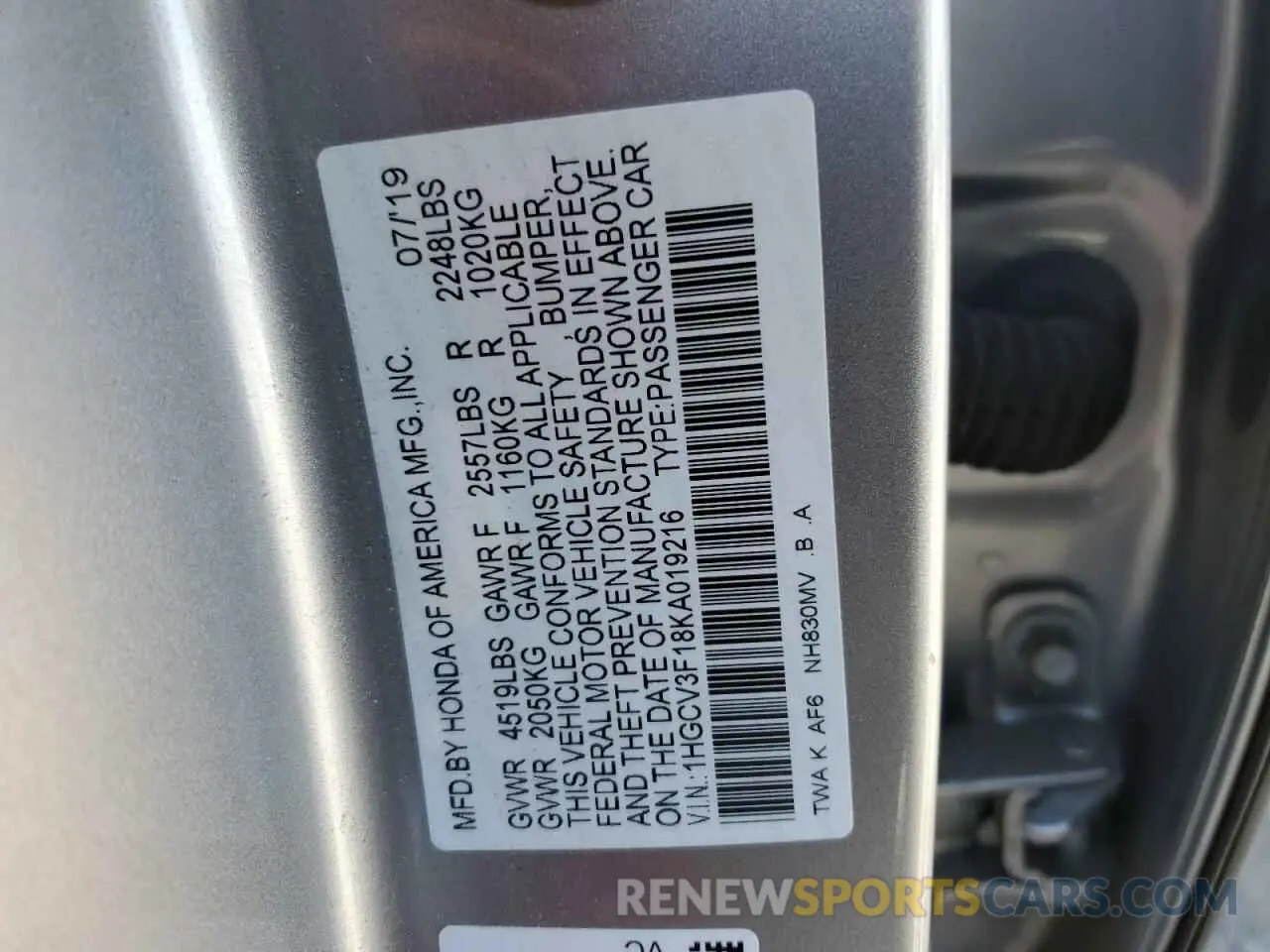 14 Photograph of a damaged car 1HGCV3F18KA019216 HONDA ACCORD 2019