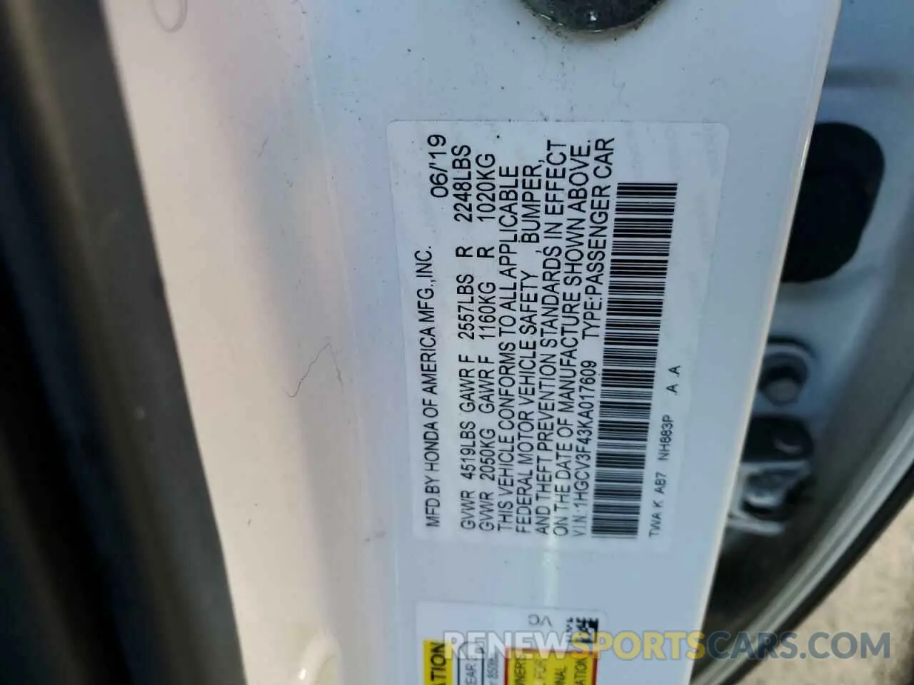 13 Photograph of a damaged car 1HGCV3F43KA017609 HONDA ACCORD 2019