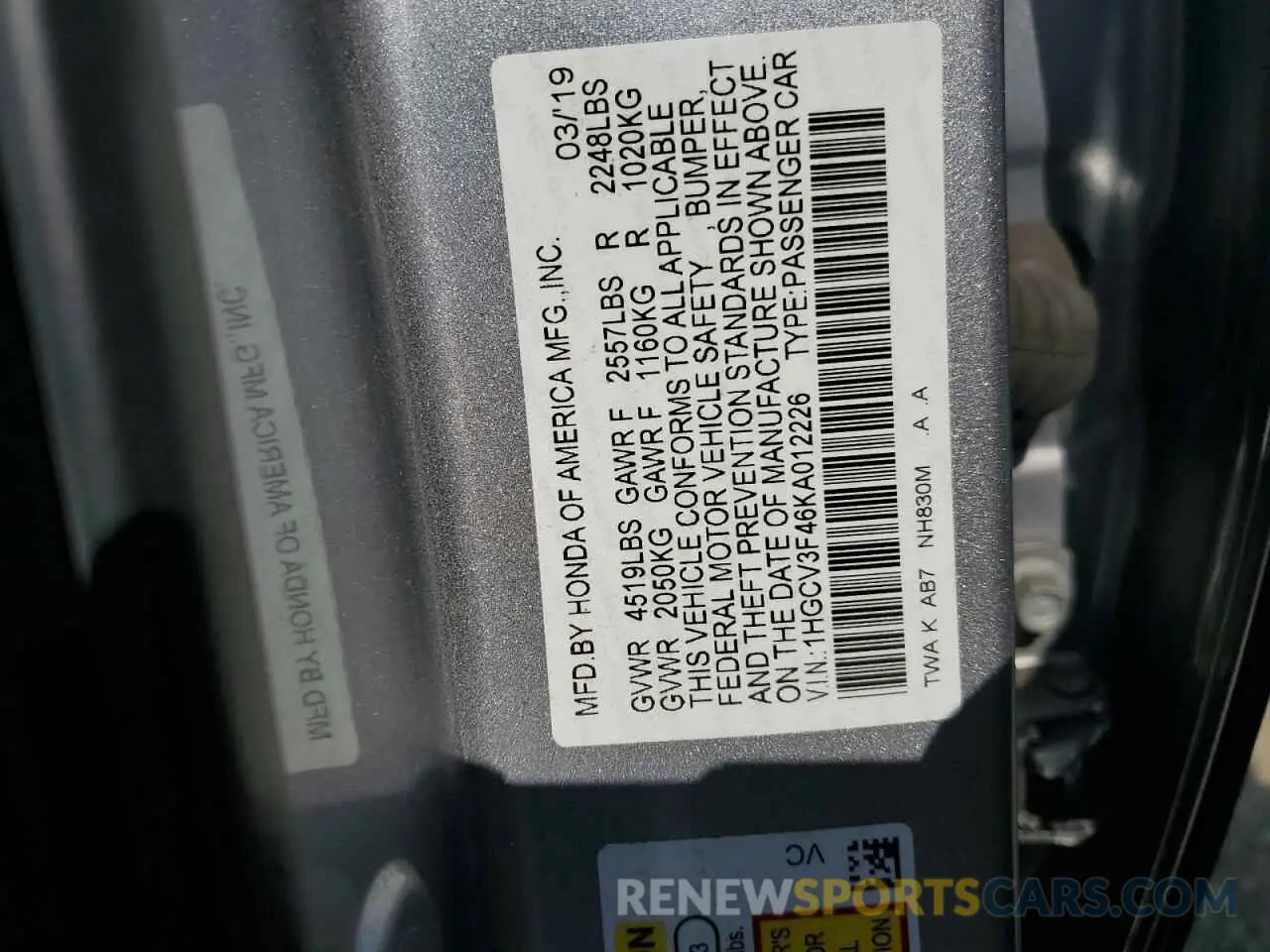 12 Photograph of a damaged car 1HGCV3F46KA012226 HONDA ACCORD 2019