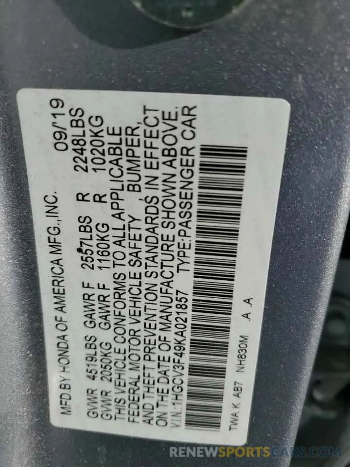 12 Photograph of a damaged car 1HGCV3F49KA021857 HONDA ACCORD 2019