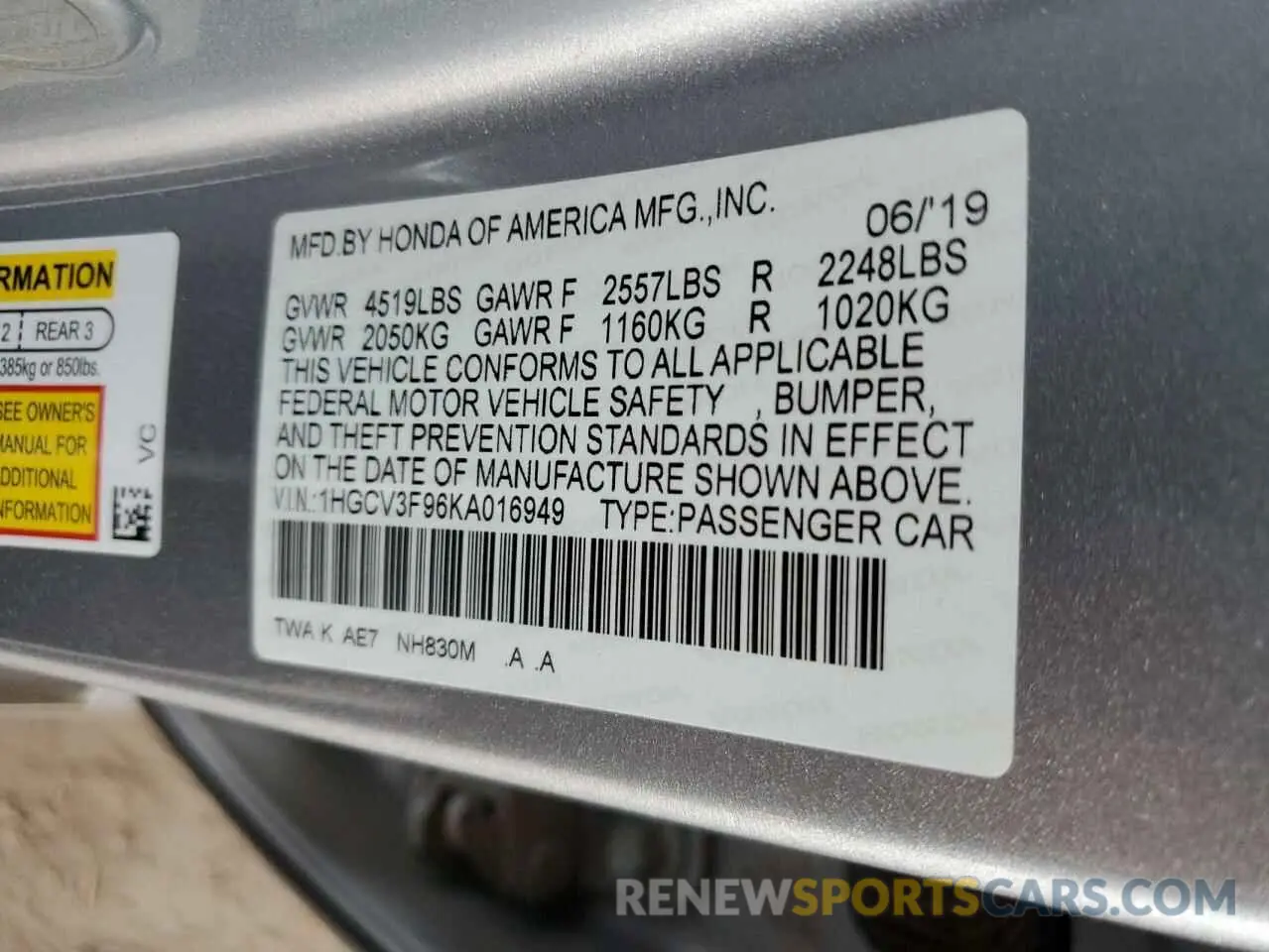 12 Photograph of a damaged car 1HGCV3F96KA016949 HONDA ACCORD 2019