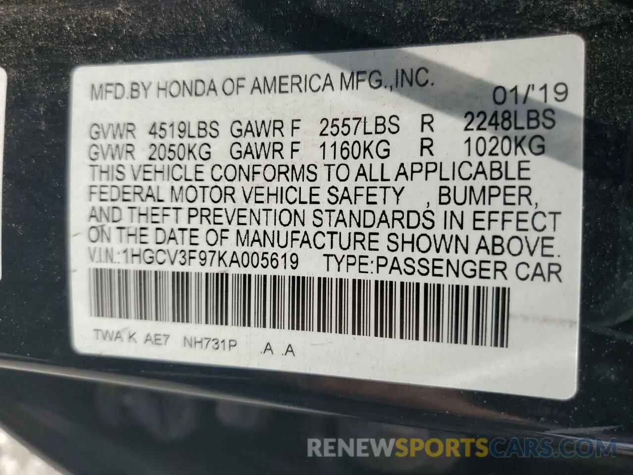 12 Photograph of a damaged car 1HGCV3F97KA005619 HONDA ACCORD 2019