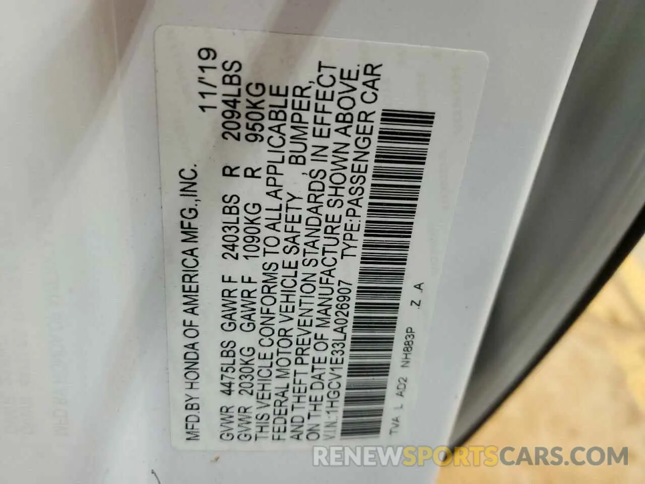 12 Photograph of a damaged car 1HGCV1E33LA026907 HONDA ACCORD 2020