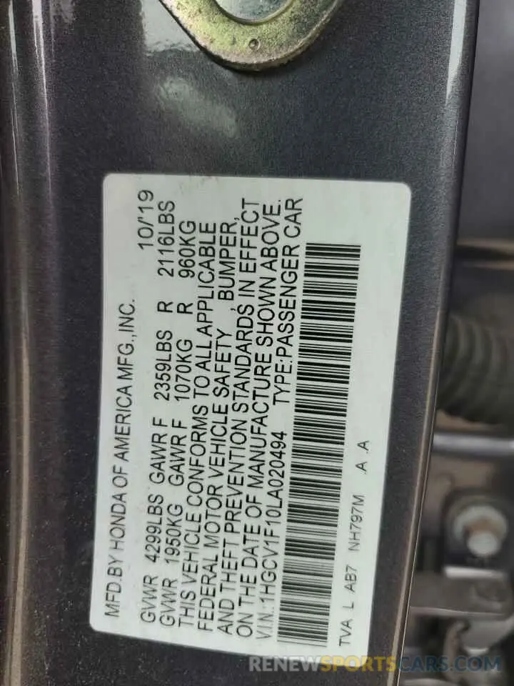 13 Photograph of a damaged car 1HGCV1F10LA020494 HONDA ACCORD 2020