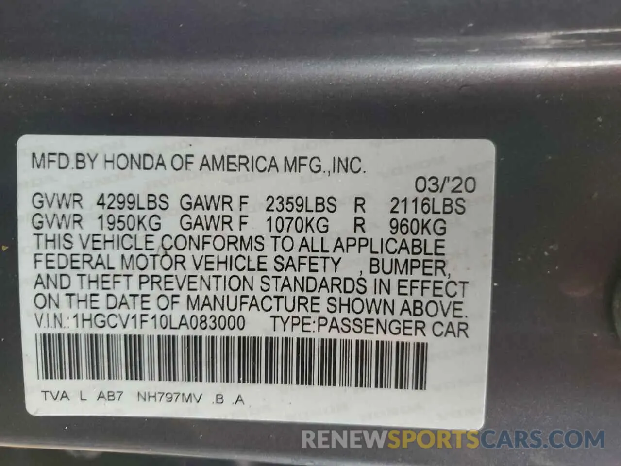 12 Photograph of a damaged car 1HGCV1F10LA083000 HONDA ACCORD 2020