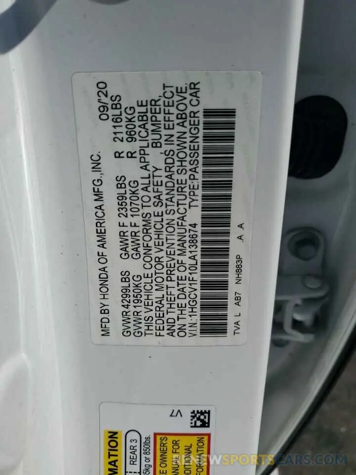 12 Photograph of a damaged car 1HGCV1F10LA138674 HONDA ACCORD 2020