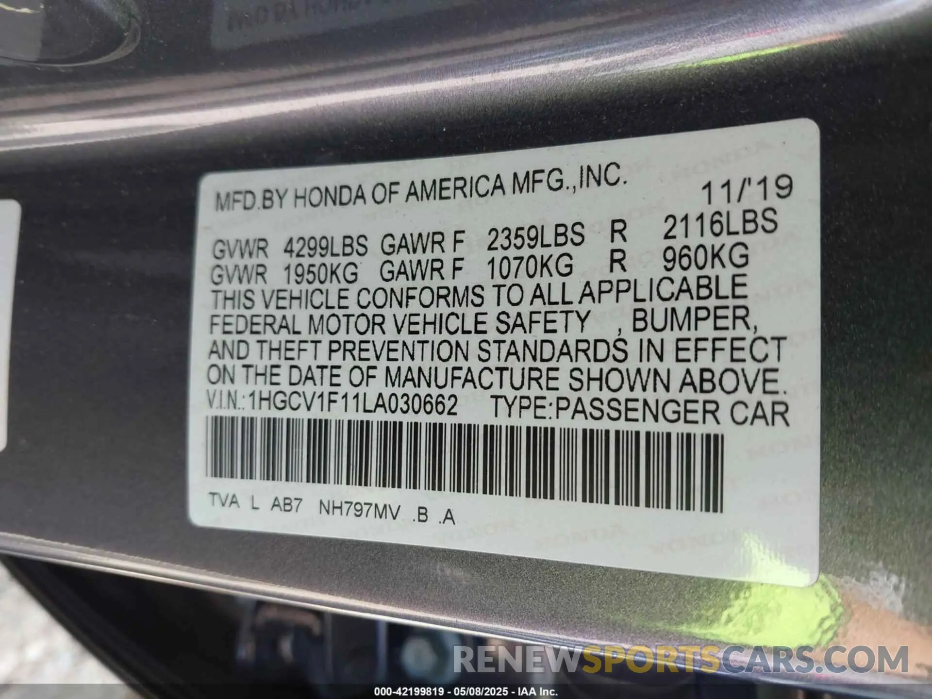 9 Photograph of a damaged car 1HGCV1F11LA030662 HONDA ACCORD 2020