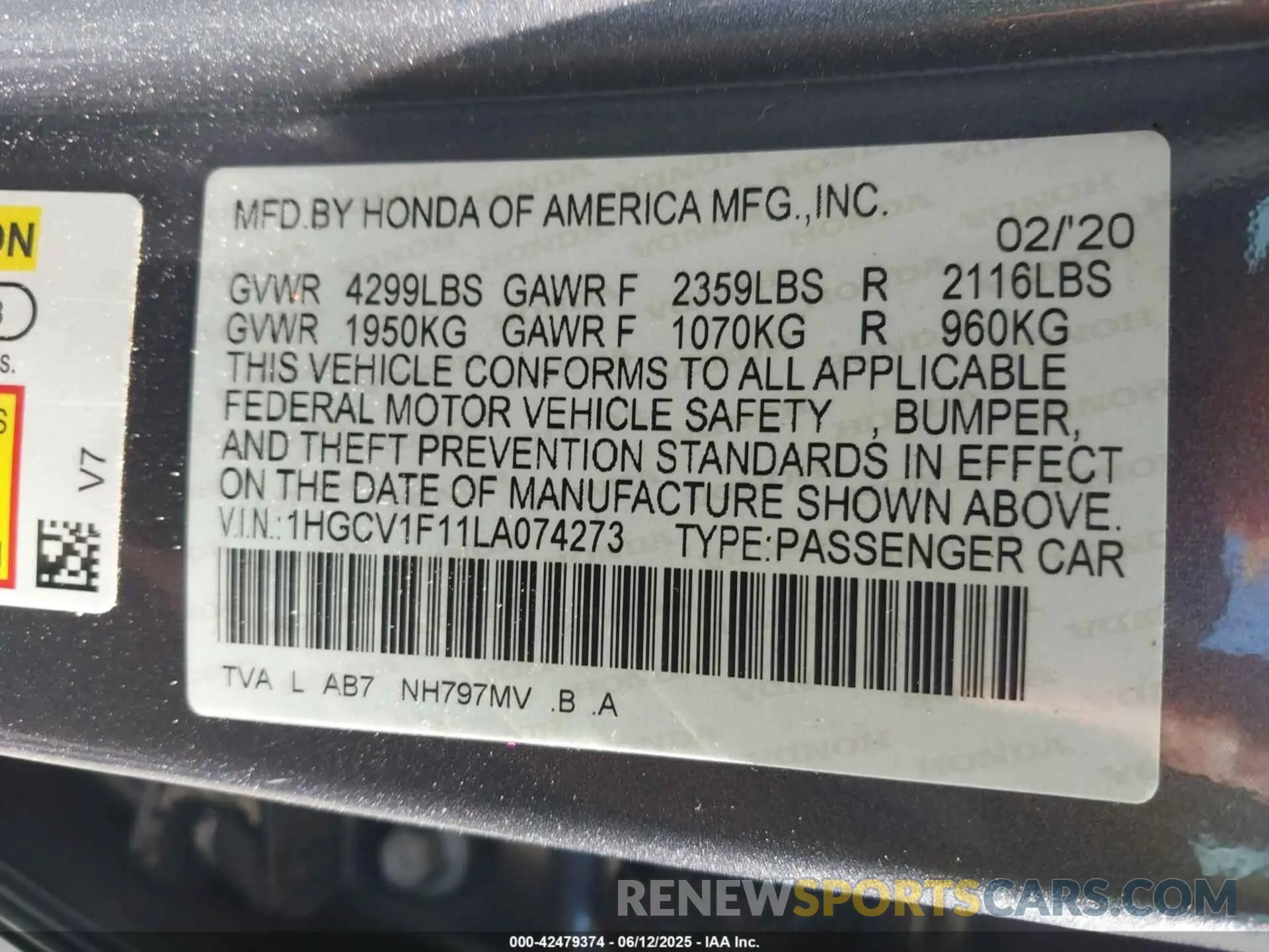 9 Photograph of a damaged car 1HGCV1F11LA074273 HONDA ACCORD 2020
