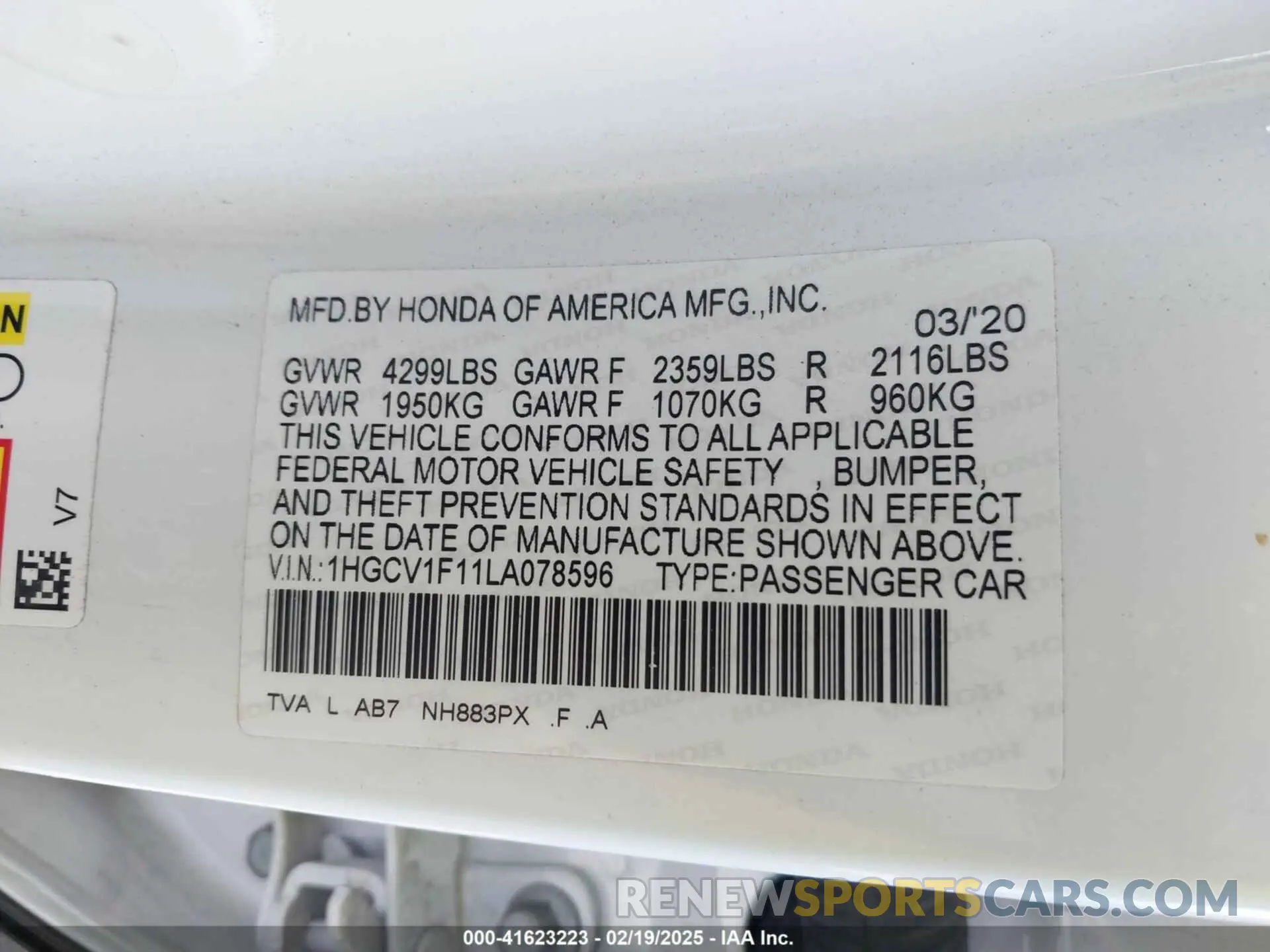9 Photograph of a damaged car 1HGCV1F11LA078596 HONDA ACCORD 2020