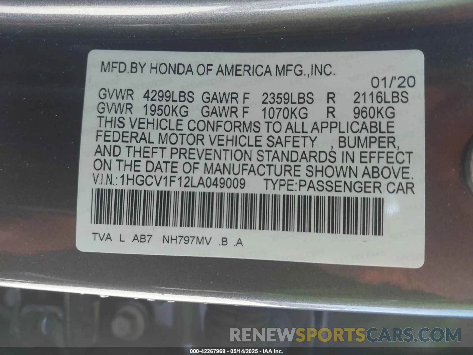 9 Photograph of a damaged car 1HGCV1F12LA049009 HONDA ACCORD 2020