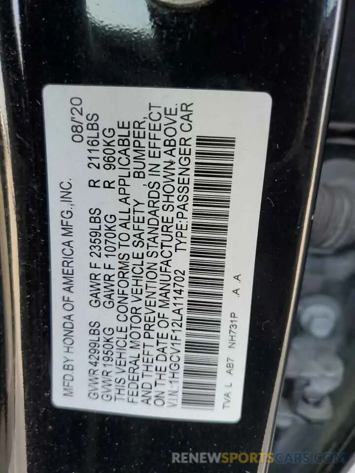 12 Photograph of a damaged car 1HGCV1F12LA114702 HONDA ACCORD 2020