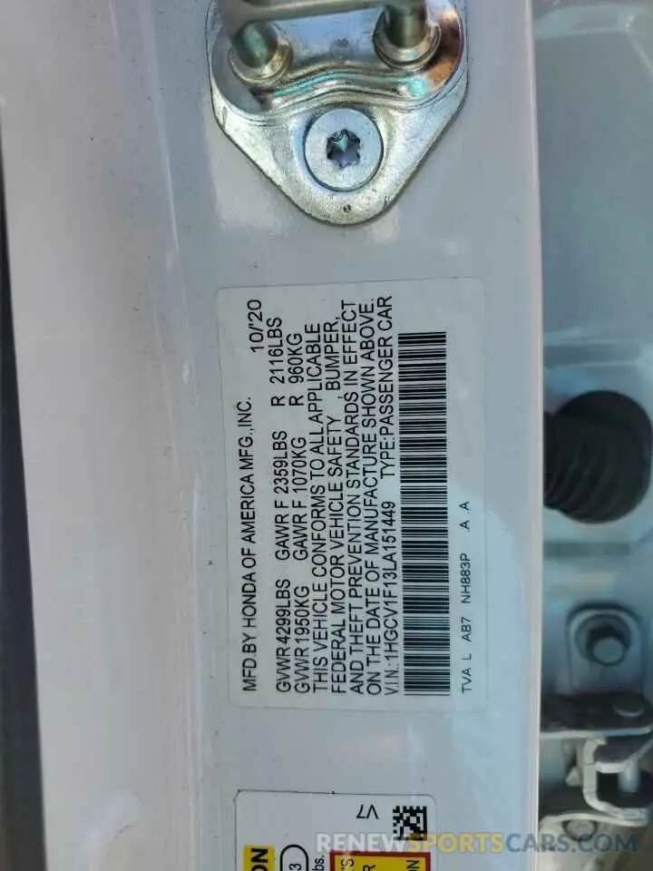 13 Photograph of a damaged car 1HGCV1F13LA151449 HONDA ACCORD 2020