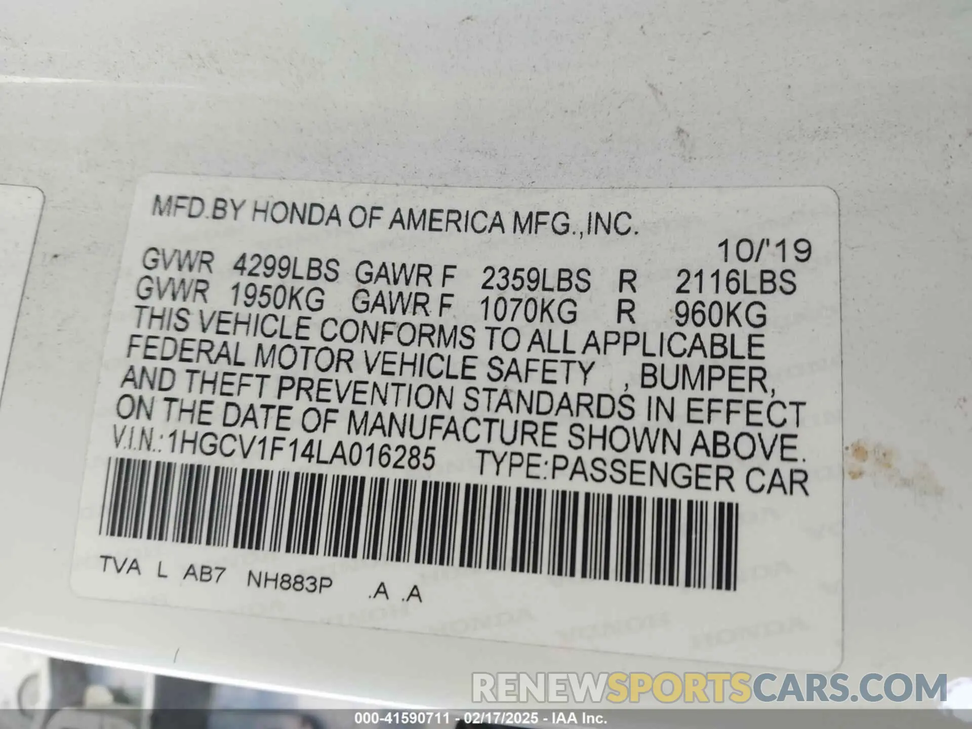 9 Photograph of a damaged car 1HGCV1F14LA016285 HONDA ACCORD 2020