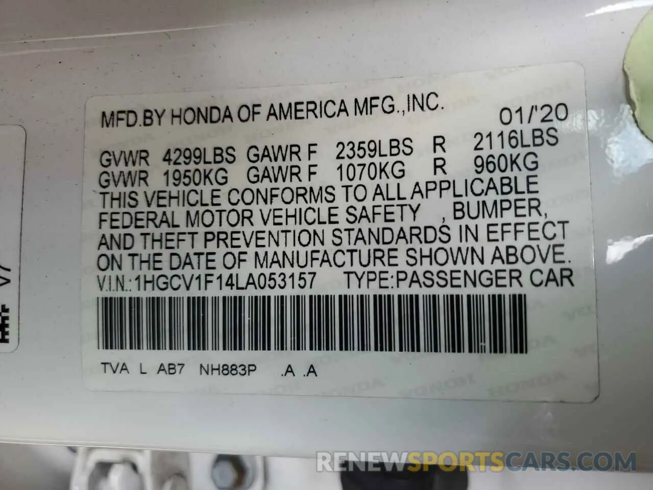 13 Photograph of a damaged car 1HGCV1F14LA053157 HONDA ACCORD 2020