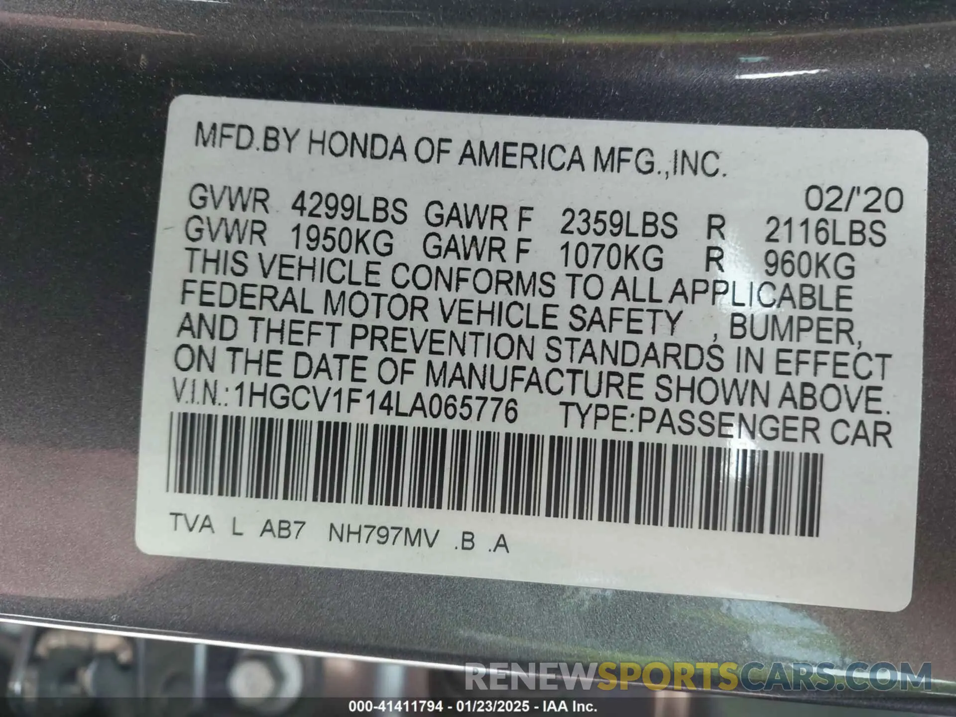 9 Photograph of a damaged car 1HGCV1F14LA065776 HONDA ACCORD 2020